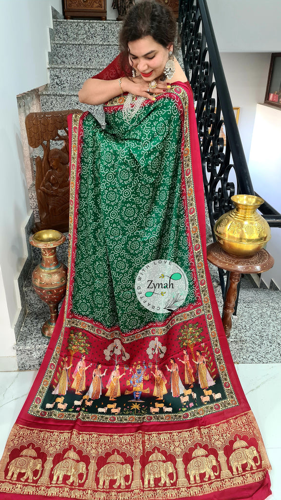 Zynah Pure Gajji Silk Saree with Bandhani & Pichwai Prints, Amdavadi Pallu; Custom Stitched/Ready-made Blouse, Fall, Petticoat; Shipping available USA, Worldwide