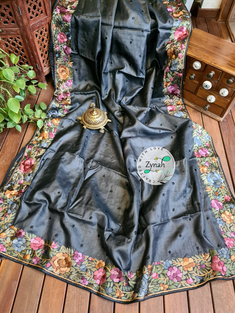Zynah Made to Order Pure Tussar Silk Parsi Gara Handcrafted Saree; Custom Stitched/Ready-made Blouse, Fall, Petticoat; Shipping available USA, Worldwide