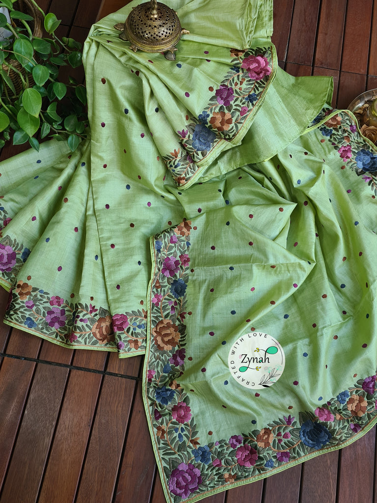 Zynah Pure Tussar Silk Parsi Gara Handcrafted Saree; Custom Stitched/Ready-made Blouse, Fall, Petticoat; Shipping available USA, Worldwide
