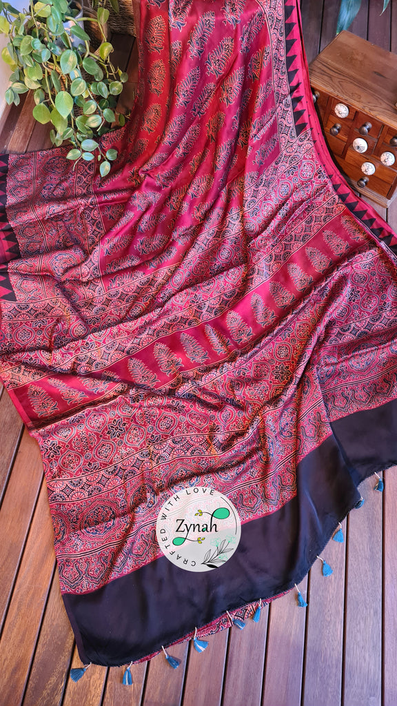Zynah Pure Modal Silk Ajrakh Saree with Handblock Prints; Custom Stitched/Ready-made Blouse, Fall, Petticoat; Shipping available USA, Worldwide