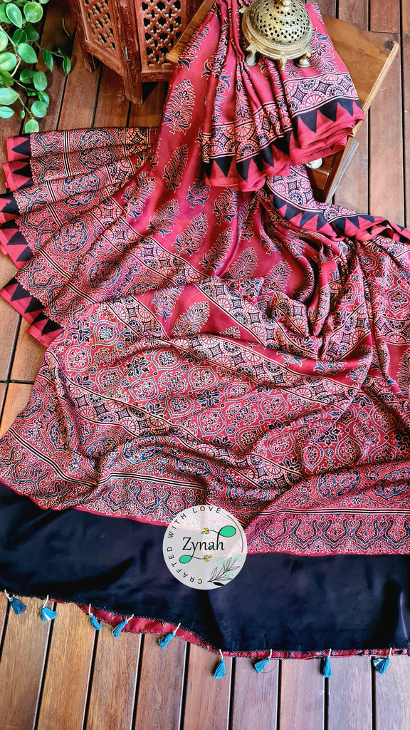 Zynah Pure Modal Silk Ajrakh Saree with Handblock Prints; Custom Stitched/Ready-made Blouse, Fall, Petticoat; Shipping available USA, Worldwide