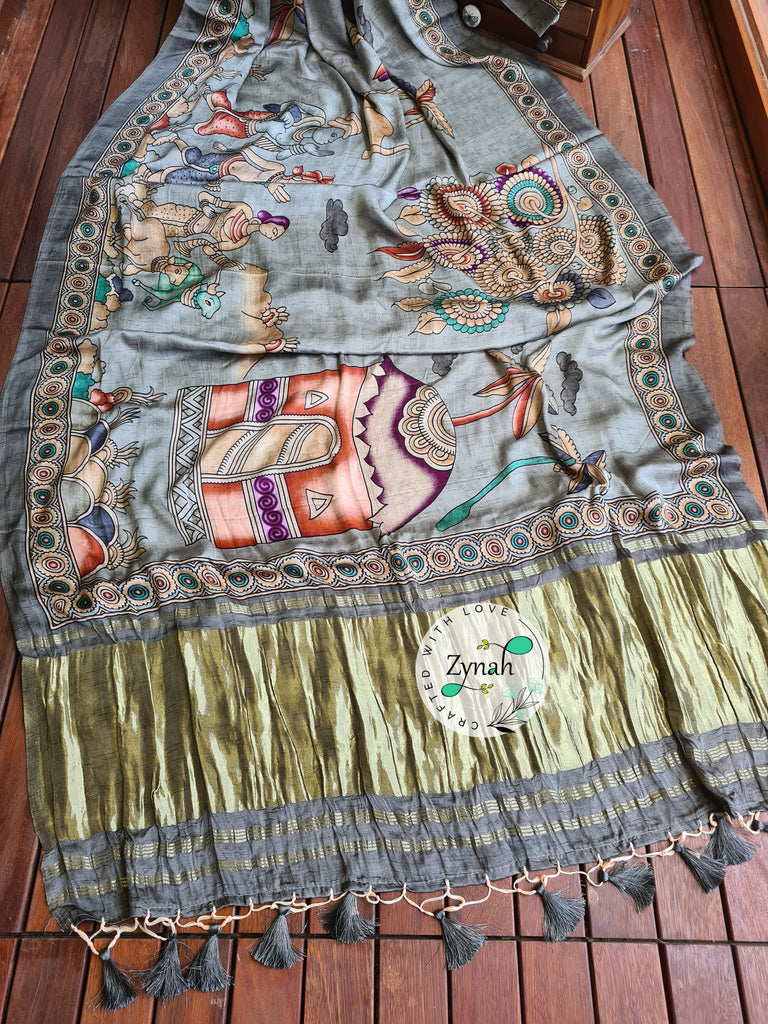 Zynah Pure Gajji Silk Tribal Kalamkari Printed Saree with Tissue Zari Pallu; Custom Stitched/Ready-made Blouse, Fall, Petticoat; Shipping available USA, Worldwide