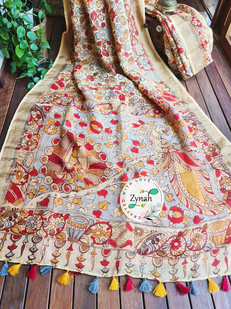 Zynah Kalamkari Organic Lab Tested 120 Count pure 'Linen by Linen' Saree; Custom Stitched/Ready-made Blouse, Fall, Petticoat; Shipping available USA, Worldwide