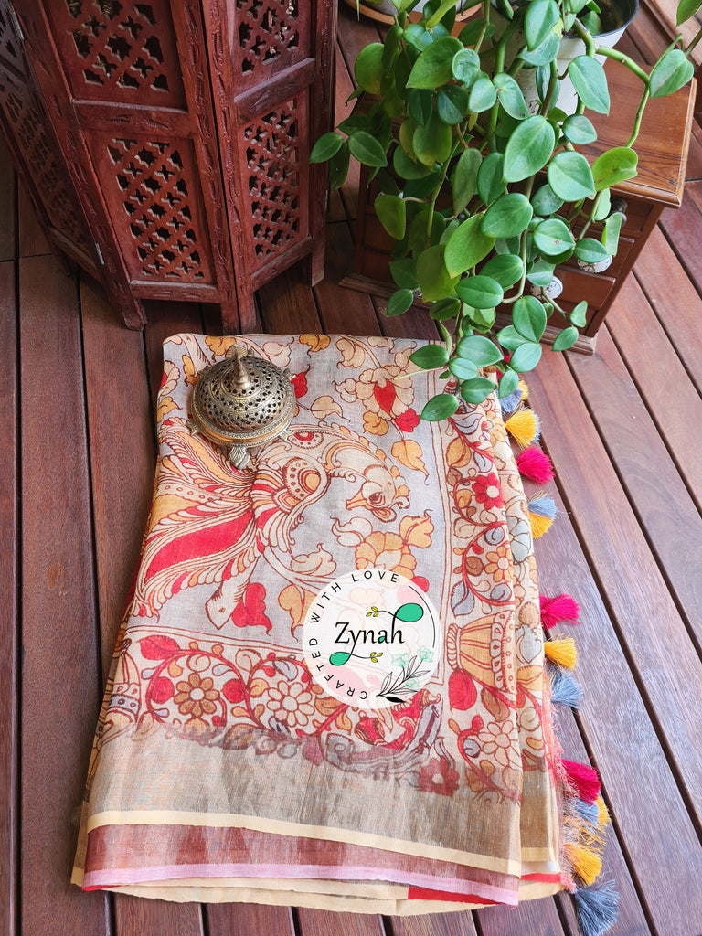 Zynah Kalamkari Organic Lab Tested 120 Count pure 'Linen by Linen' Saree; Custom Stitched/Ready-made Blouse, Fall, Petticoat; Shipping available USA, Worldwide