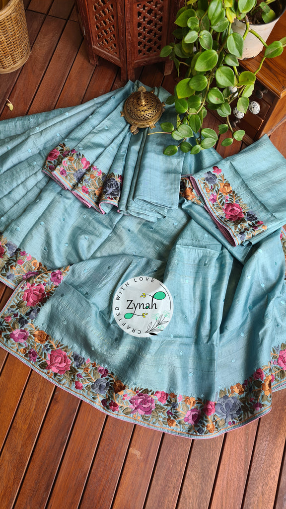 Zynah Made to Order Pure Tussar Silk Parsi Gara Handcrafted Saree; Custom Stitched/Ready-made Blouse, Fall, Petticoat; Shipping available USA, Worldwide