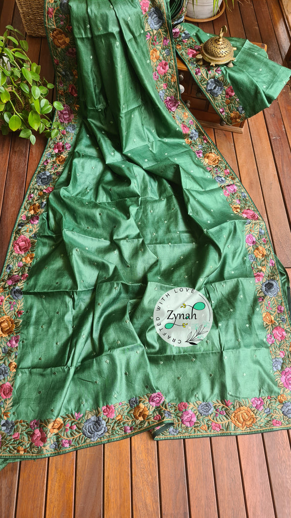 Zynah Made to Order Pure Tussar Silk Parsi Gara Handcrafted Saree; Custom Stitched/Ready-made Blouse, Fall, Petticoat; Shipping available USA, Worldwide