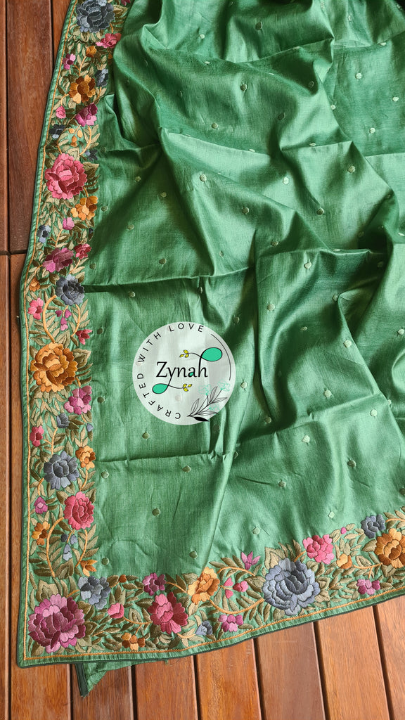 Zynah Made to Order Pure Tussar Silk Parsi Gara Handcrafted Saree; Custom Stitched/Ready-made Blouse, Fall, Petticoat; Shipping available USA, Worldwide