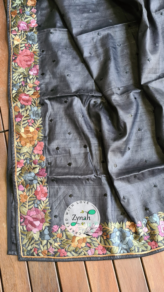 Zynah Made to Order Pure Tussar Silk Parsi Gara Handcrafted Saree; Custom Stitched/Ready-made Blouse, Fall, Petticoat; Shipping available USA, Worldwide