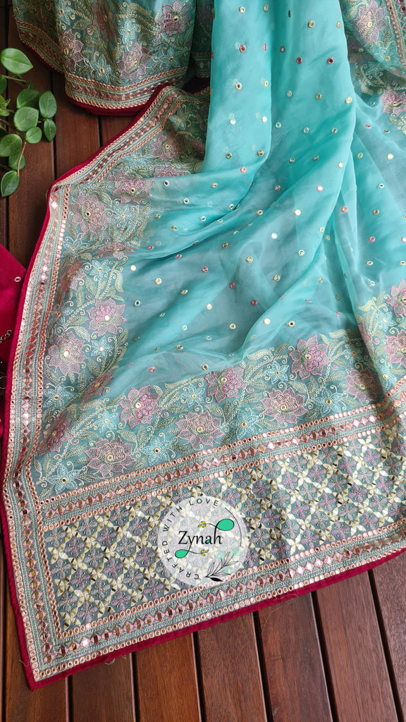Zynah Pure Organza Silk Saree with Foil Mirror Work & Thread Embroidery; Custom Stitched/Ready-made Blouse, Fall, Petticoat; Shipping available USA, Worldwide
