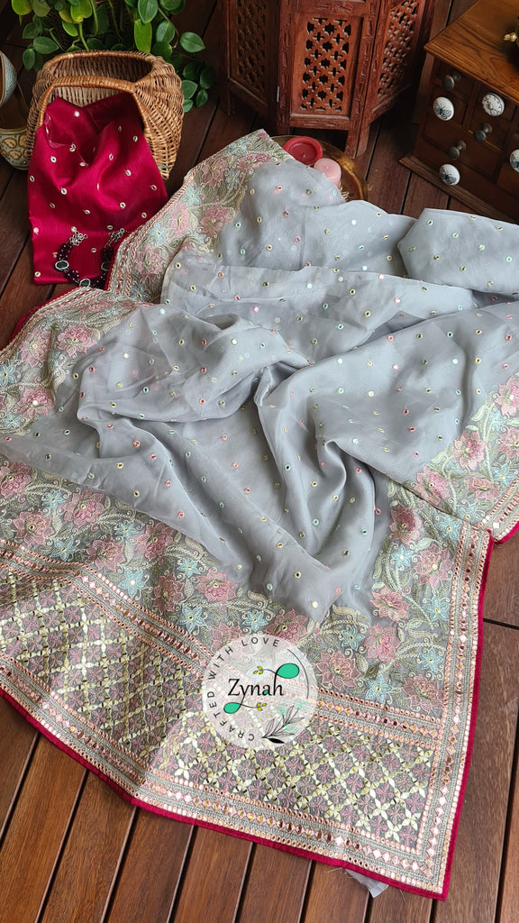 Zynah Pure Organza Silk Saree with Foil Mirror Work & Thread Embroidery; Custom Stitched/Ready-made Blouse, Fall, Petticoat; Shipping available USA, Worldwide