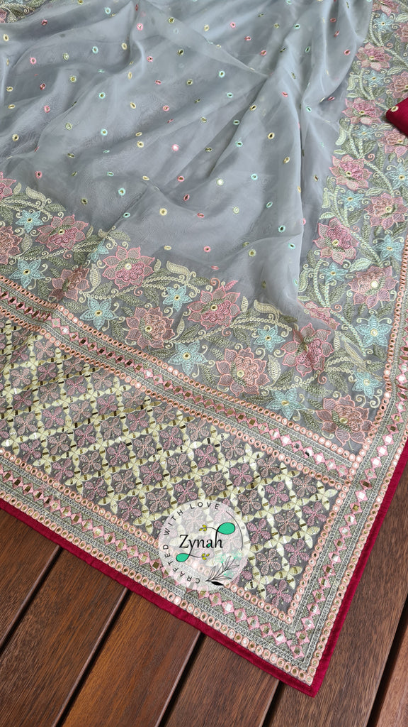 Zynah Pure Organza Silk Saree with Foil Mirror Work & Thread Embroidery; Custom Stitched/Ready-made Blouse, Fall, Petticoat; Shipping available USA, Worldwide