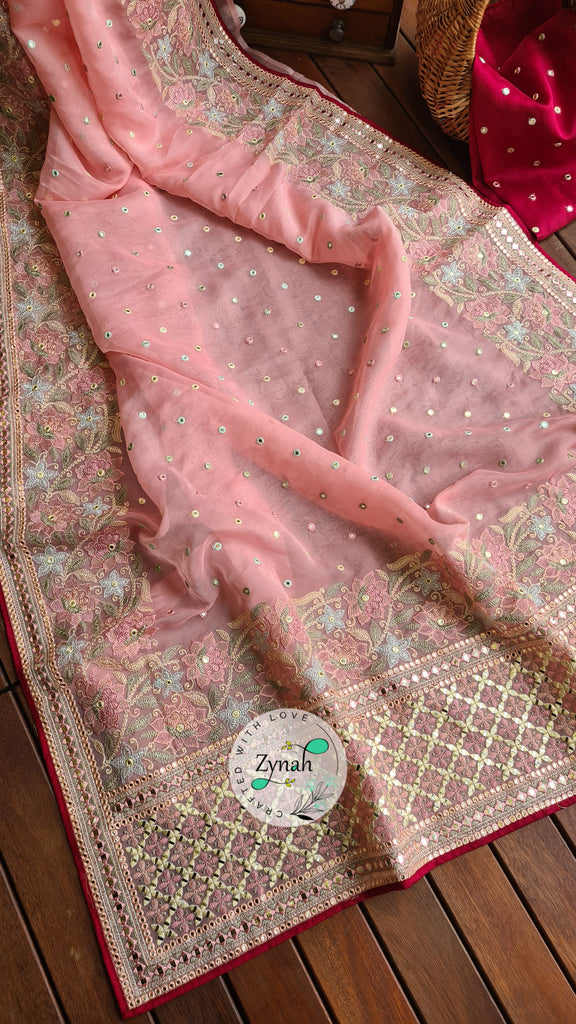 Zynah Pure Organza Silk Saree with Foil Mirror Work & Thread Embroidery; Custom Stitched/Ready-made Blouse, Fall, Petticoat; Shipping available USA, Worldwide