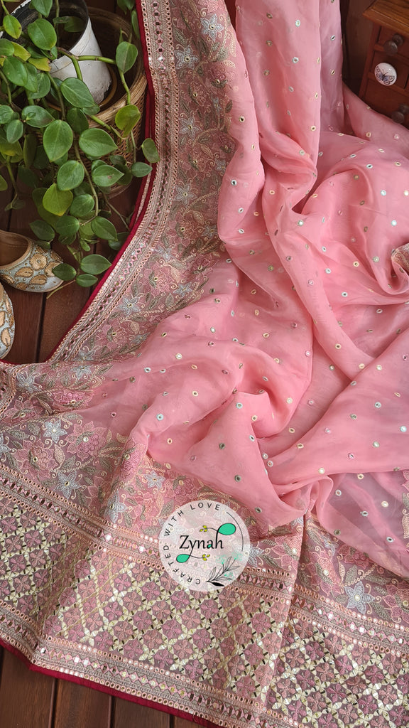 Zynah Pure Organza Silk Saree with Foil Mirror Work & Thread Embroidery; Custom Stitched/Ready-made Blouse, Fall, Petticoat; Shipping available USA, Worldwide