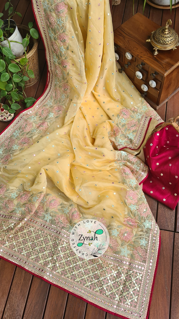 Zynah Pure Organza Silk Saree with Foil Mirror Work & Thread Embroidery; Custom Stitched/Ready-made Blouse, Fall, Petticoat; Shipping available USA, Worldwide