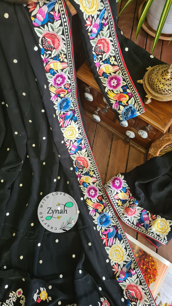 Zynah Pure Crepe Silk Parsi Gara Handcrafted Saree; Custom Stitched/Ready-made Blouse, Fall, Petticoat; Shipping available USA, Worldwide