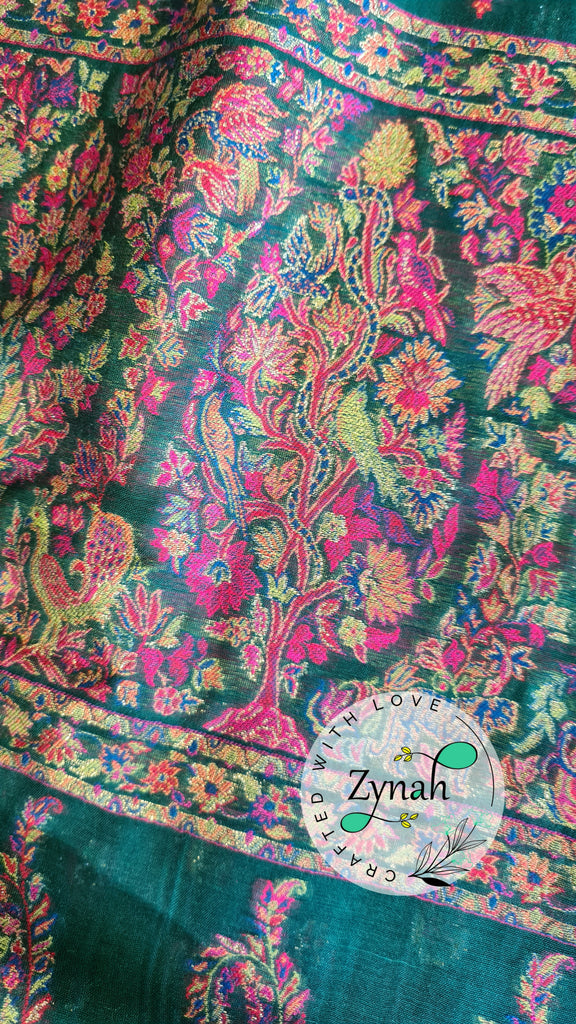 Zynah Green Kashmiri Pure Kani Silk Jamavar Saree | Kashmiri Traditional Pashmina Pure Silk Kani Saree; Custom Stitched/Ready-made Blouse, Fall, Petticoat; SKU: 0903202206