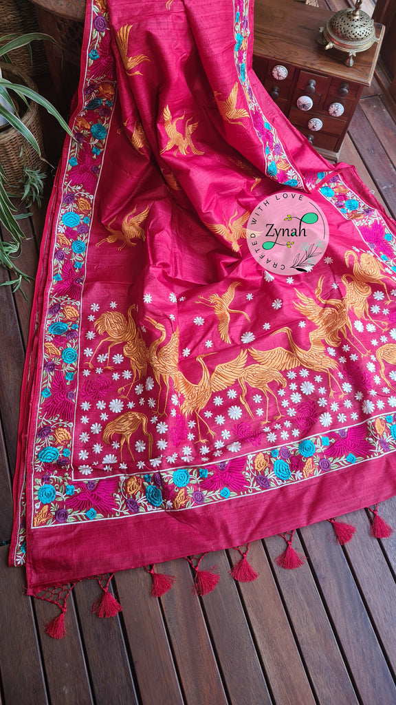 Zynah Pure Tussar Silk Parsi work Inspired Saree, Flamingo Bird Motifs; Custom Stitched/Ready-made Blouse, Fall, Petticoat; Shipping available USA, Worldwide