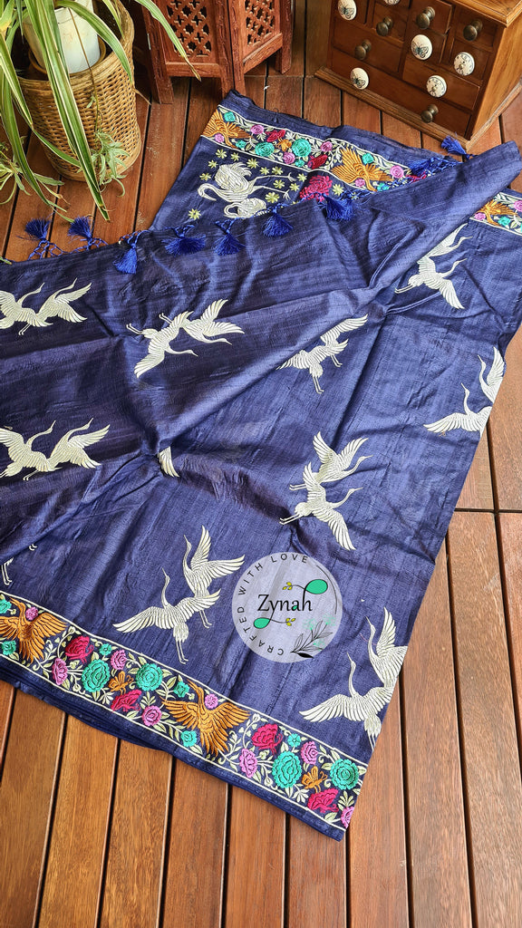Zynah Pure Tussar Silk Parsi work Inspired Saree, Flamingo Bird Motifs; Custom Stitched/Ready-made Blouse, Fall, Petticoat; Shipping available USA, Worldwide