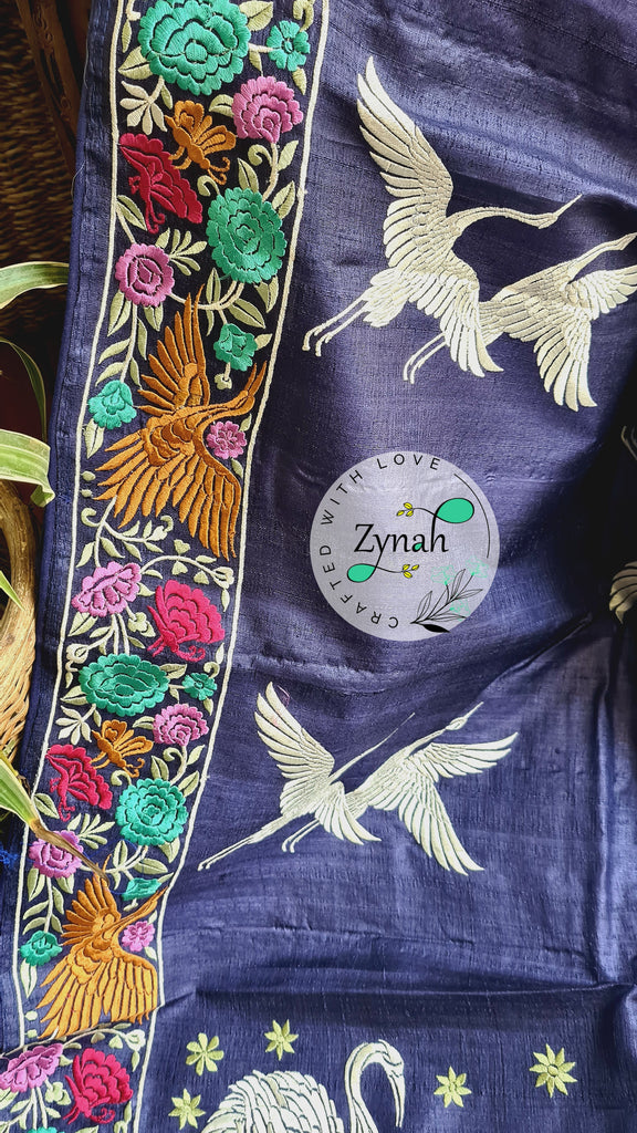 Zynah Pure Tussar Silk Parsi work Inspired Saree, Flamingo Bird Motifs; Custom Stitched/Ready-made Blouse, Fall, Petticoat; Shipping available USA, Worldwide