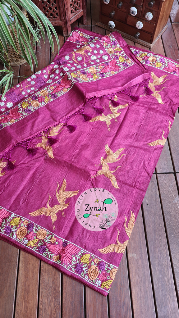 Zynah Pure Tussar Silk Parsi work Inspired Saree, Flamingo Bird Motifs; Custom Stitched/Ready-made Blouse, Fall, Petticoat; Shipping available USA, Worldwide
