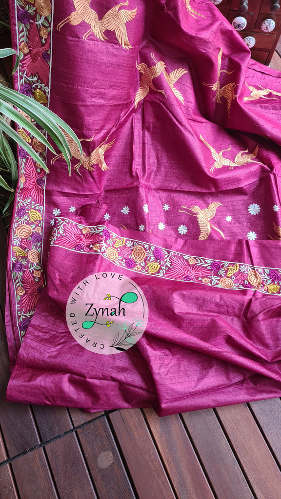 Zynah Pure Tussar Silk Parsi work Inspired Saree, Flamingo Bird Motifs; Custom Stitched/Ready-made Blouse, Fall, Petticoat; Shipping available USA, Worldwide