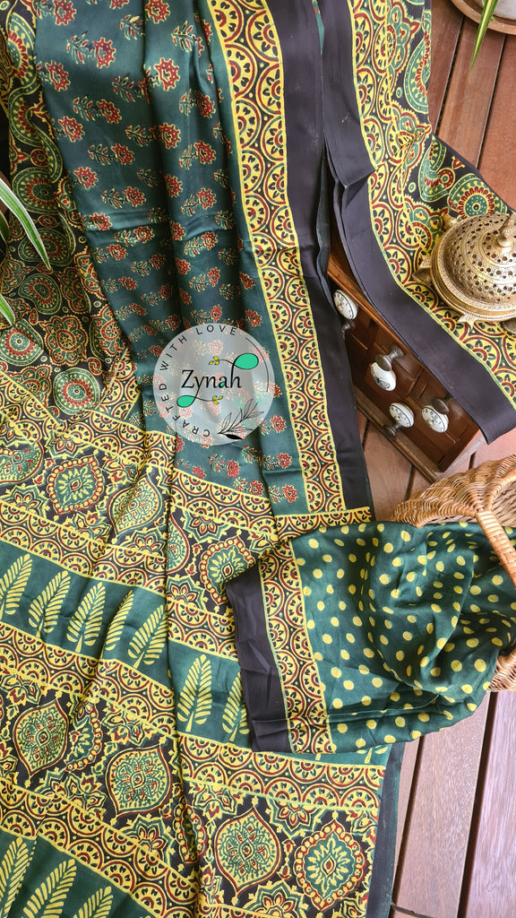 Zynah Pure Modal Silk Ajrakh Saree with Handblock Prints; Custom Stitched/Ready-made Blouse, Fall, Petticoat; Shipping available USA, Worldwide