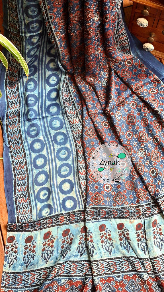 Zynah Pure Modal Silk Ajrakh Saree with Handblock Prints; Custom Stitched/Ready-made Blouse, Fall, Petticoat; Shipping available USA, Worldwide