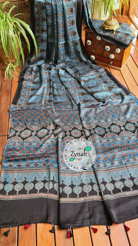 Zynah Pure Modal Silk Ajrakh Saree with Handblock Prints; Custom Stitched/Ready-made Blouse, Fall, Petticoat; Shipping available USA, Worldwide
