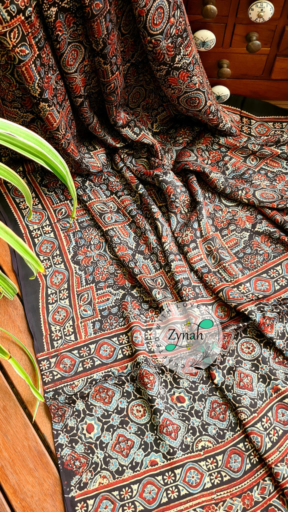 Zynah Pure Modal Silk Ajrakh Saree with Handblock Prints; Custom Stitched/Ready-made Blouse, Fall, Petticoat; Shipping available USA, Worldwide