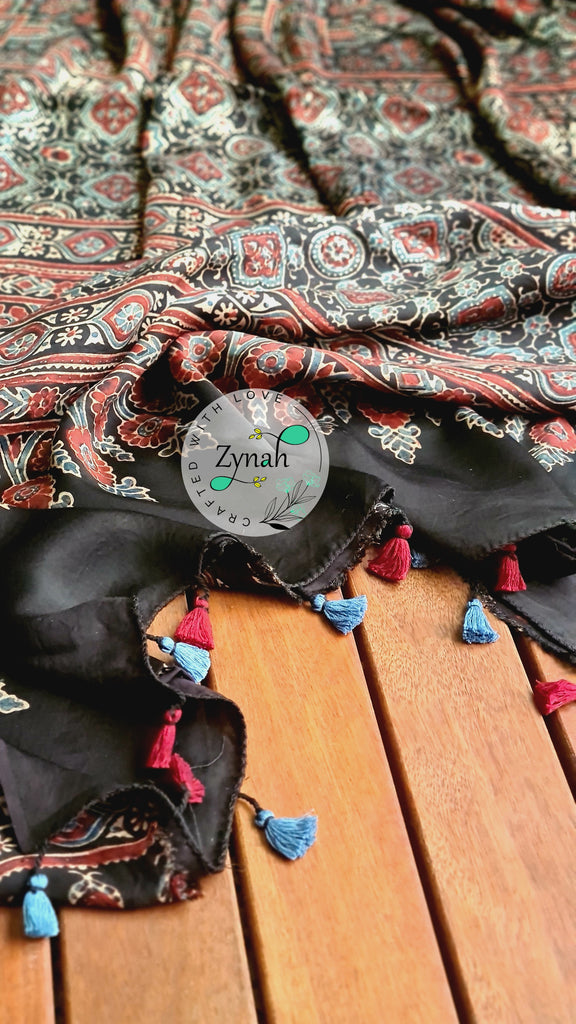 Zynah Pure Modal Silk Ajrakh Saree with Handblock Prints; Custom Stitched/Ready-made Blouse, Fall, Petticoat; Shipping available USA, Worldwide