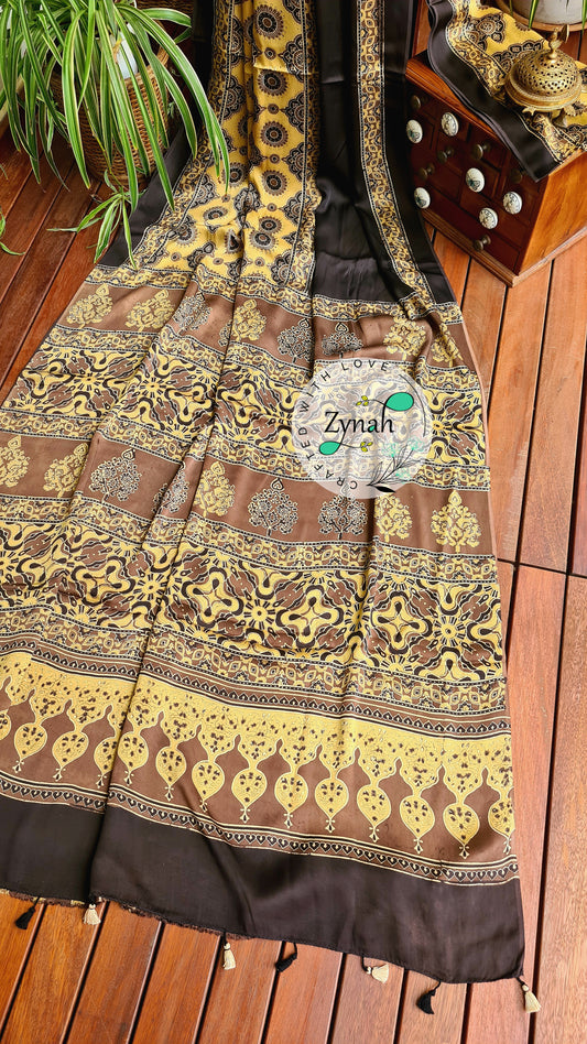 Zynah Pure Modal Silk Ajrakh Saree with Handblock Prints; Custom Stitched/Ready-made Blouse, Fall, Petticoat; Shipping available USA, Worldwide