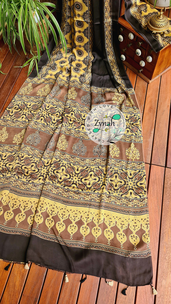 Zynah Pure Modal Silk Ajrakh Saree with Handblock Prints; Custom Stitched/Ready-made Blouse, Fall, Petticoat; Shipping available USA, Worldwide