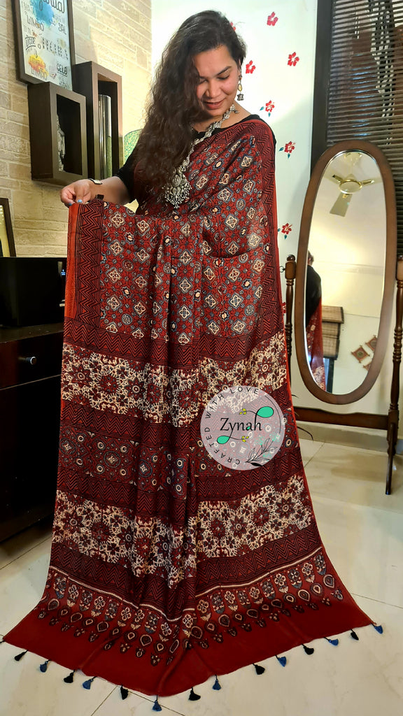 Zynah Pure Modal Silk Ajrakh Saree with Handblock Prints; Custom Stitched/Ready-made Blouse, Fall, Petticoat; Shipping available USA, Worldwide