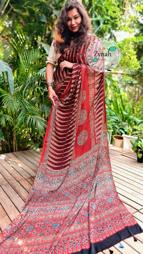 Zynah Pure Modal Silk Ajrakh Saree with Handblock Prints; Custom Stitched/Ready-made Blouse, Fall, Petticoat; Shipping available USA, Worldwide