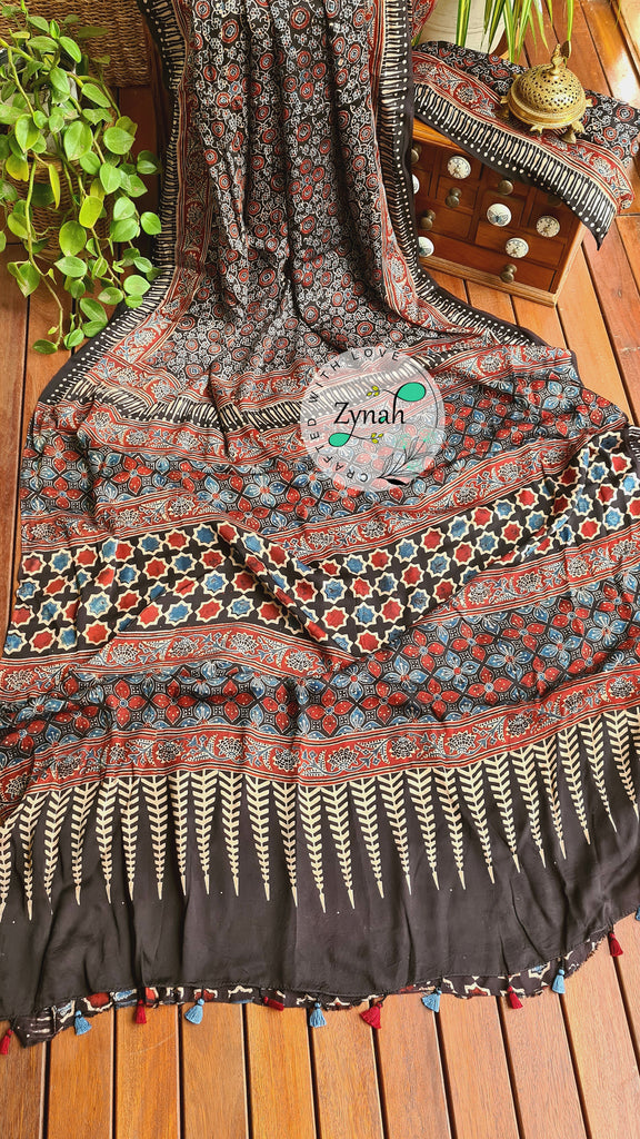 Zynah Pure Modal Silk Ajrakh Saree with Handblock Prints; Custom Stitched/Ready-made Blouse, Fall, Petticoat; Shipping available USA, Worldwide