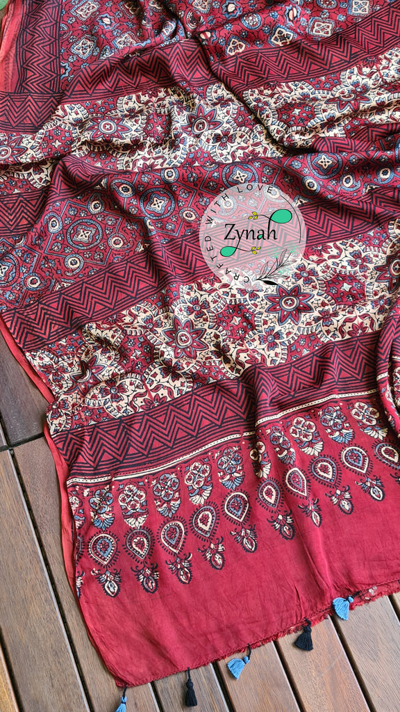 Zynah Pure Modal Silk Ajrakh Saree with Handblock Prints; Custom Stitched/Ready-made Blouse, Fall, Petticoat; Shipping available USA, Worldwide