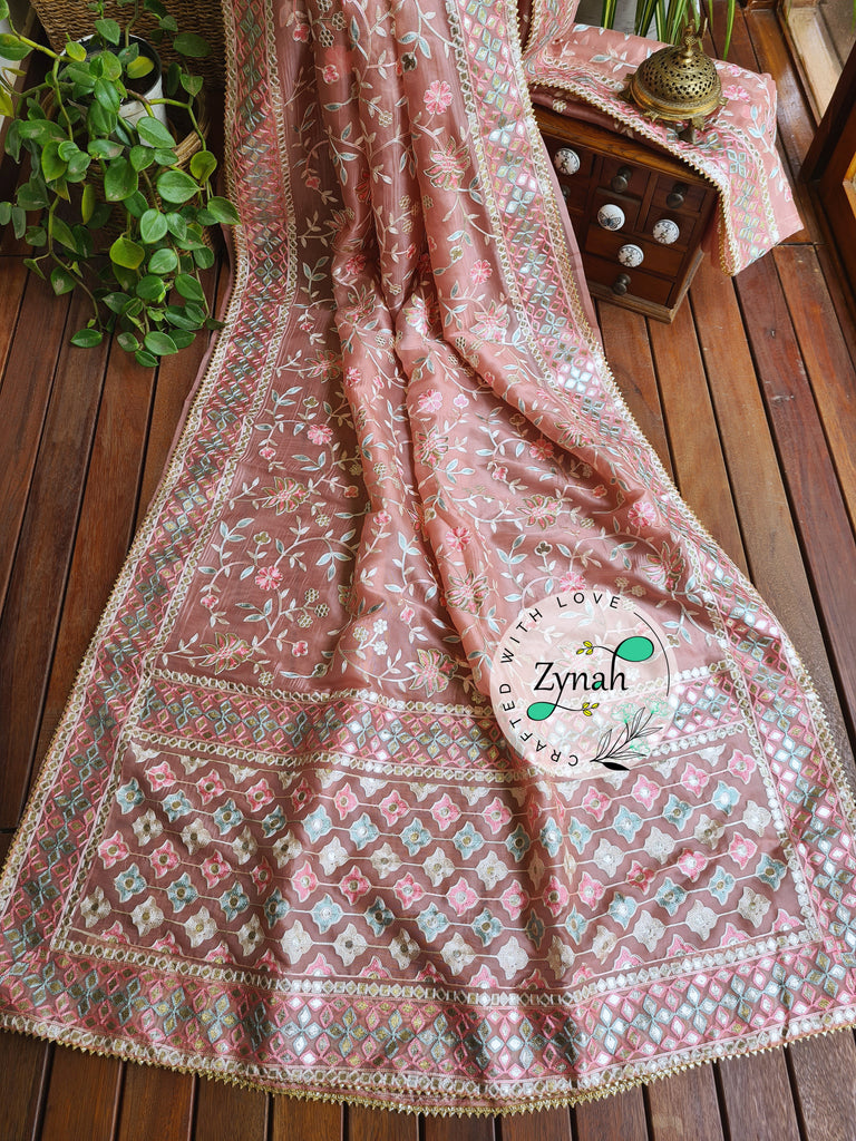 Zynah Pure Organza Silk Saree with Gotapatti Lace, Foil & Thread Embroidery Work; Custom Stitched/Ready-made Blouse, Fall, Petticoat; Shipping available USA, Worldwide