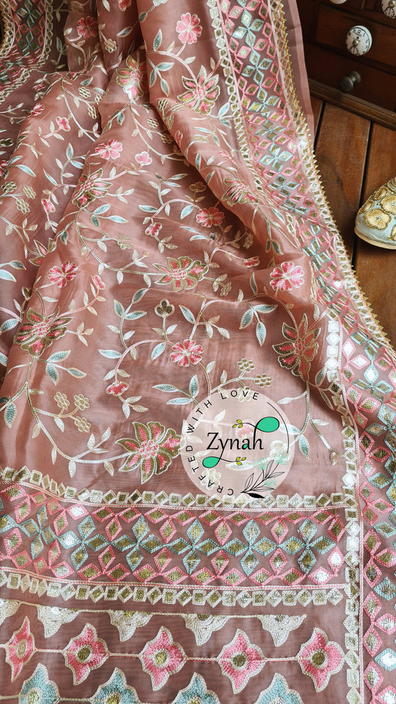 Zynah Pure Organza Silk Saree with Gotapatti Lace, Foil & Thread Embroidery Work; Custom Stitched/Ready-made Blouse, Fall, Petticoat; Shipping available USA, Worldwide