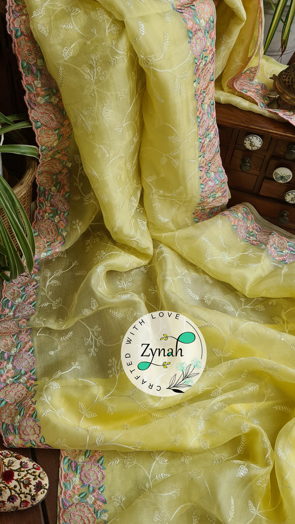 Zynah Pure Organza Silk Saree with Scalloped Border, Thread Embroidery & Sequence Work; Custom Stitched/Ready-made Blouse, Fall, Petticoat; Shipping available USA, Worldwide