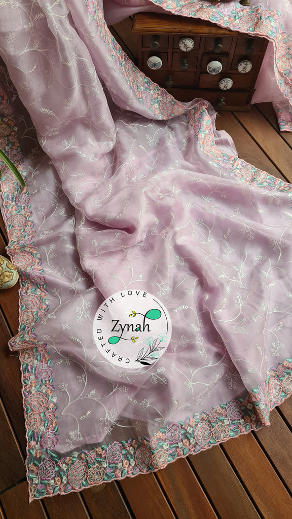 Zynah Pure Organza Silk Saree with Scalloped Border, Thread Embroidery & Sequence Work; Custom Stitched/Ready-made Blouse, Fall, Petticoat; Shipping available USA, Worldwide