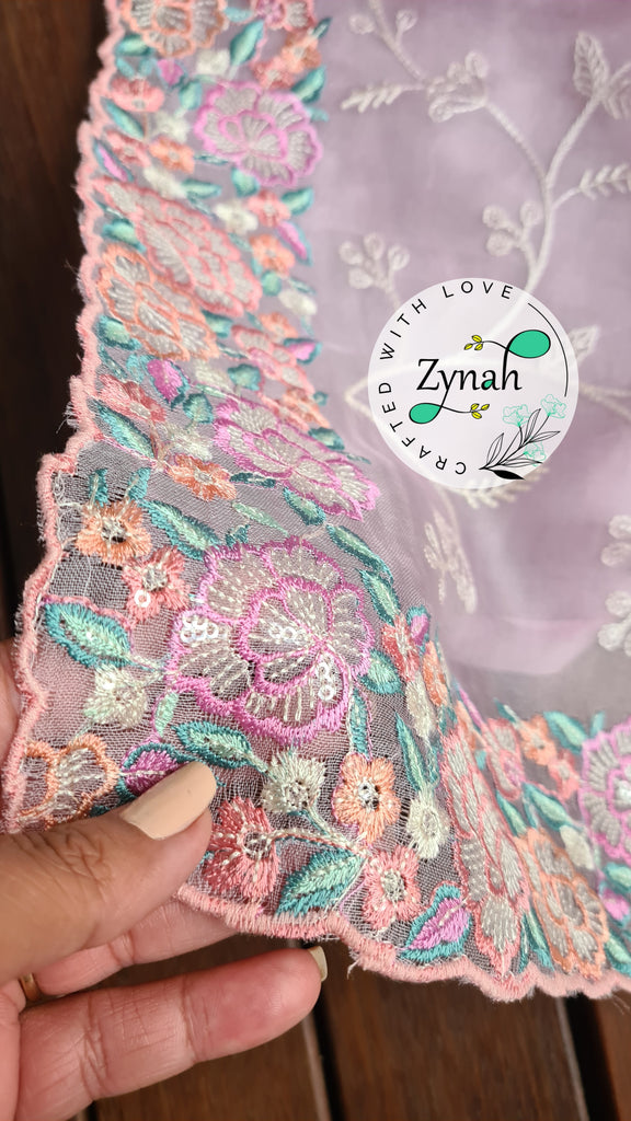 Zynah Pure Organza Silk Saree with Scalloped Border, Thread Embroidery & Sequence Work; Custom Stitched/Ready-made Blouse, Fall, Petticoat; Shipping available USA, Worldwide