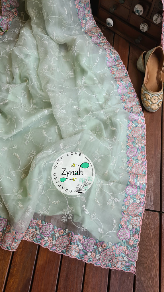 Zynah Pure Organza Silk Saree with Scalloped Border, Thread Embroidery & Sequence Work; Custom Stitched/Ready-made Blouse, Fall, Petticoat; Shipping available USA, Worldwide