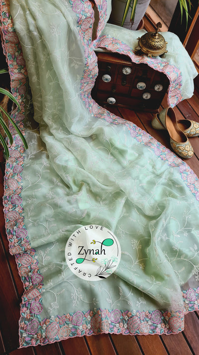 Zynah Pure Organza Silk Saree with Scalloped Border, Thread Embroidery & Sequence Work; Custom Stitched/Ready-made Blouse, Fall, Petticoat; Shipping available USA, Worldwide