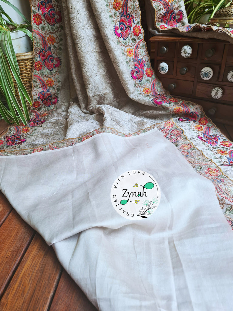 Zynah Designer Pure Kora Silk Saree with Scalloped Border & Thread Embroidery; Custom Stitched/Ready-made Blouse, Fall, Petticoat; Shipping available USA, Worldwide