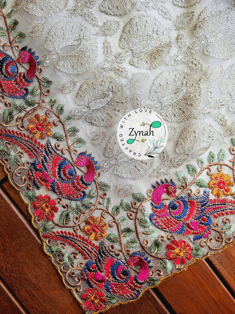 Zynah Designer Pure Kora Silk Saree with Scalloped Border & Thread Embroidery; Custom Stitched/Ready-made Blouse, Fall, Petticoat; Shipping available USA, Worldwide