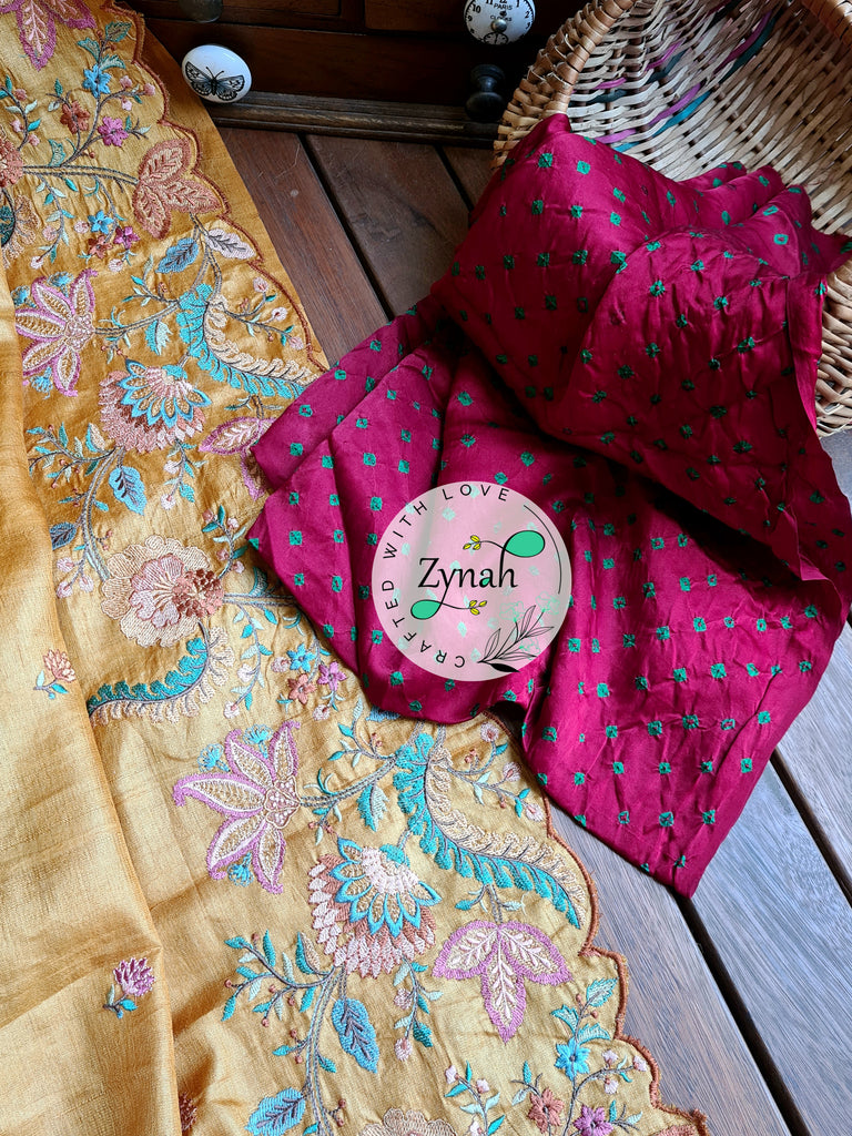 Zynah Pure Tussar Silk Embroidered Saree with Scalloped Border & 2 blouse pieces; Custom Stitched/Ready-made Blouse, Fall, Petticoat; Shipping available USA, Worldwide
