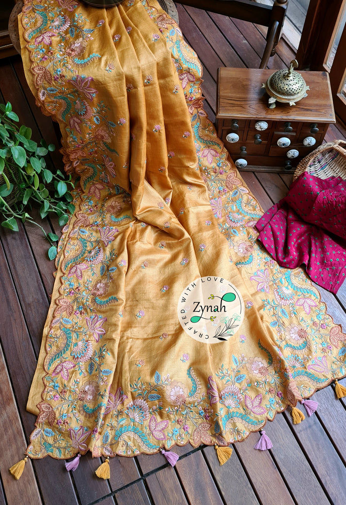 Zynah Pure Tussar Silk Embroidered Saree with Scalloped Border & 2 blouse pieces; Custom Stitched/Ready-made Blouse, Fall, Petticoat; Shipping available USA, Worldwide