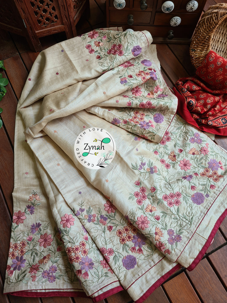 Zynah Pure Tussar Silk Embroidered Saree with 2 blouse pieces; Custom Stitched/Ready-made Blouse, Fall, Petticoat; Shipping available USA, Worldwide