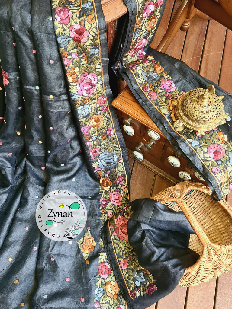 Zynah Made to Order Pure Tussar Silk Parsi Gara Handcrafted Saree; Custom Stitched/Ready-made Blouse, Fall, Petticoat; Shipping available USA, Worldwide