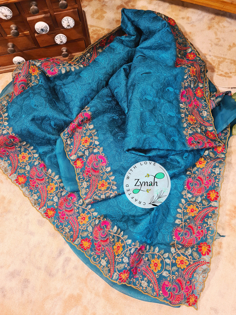 Zynah Designer Pure Kora Silk Saree with Scalloped Border & Thread Embroidery; Custom Stitched/Ready-made Blouse, Fall, Petticoat; Shipping available USA, Worldwide